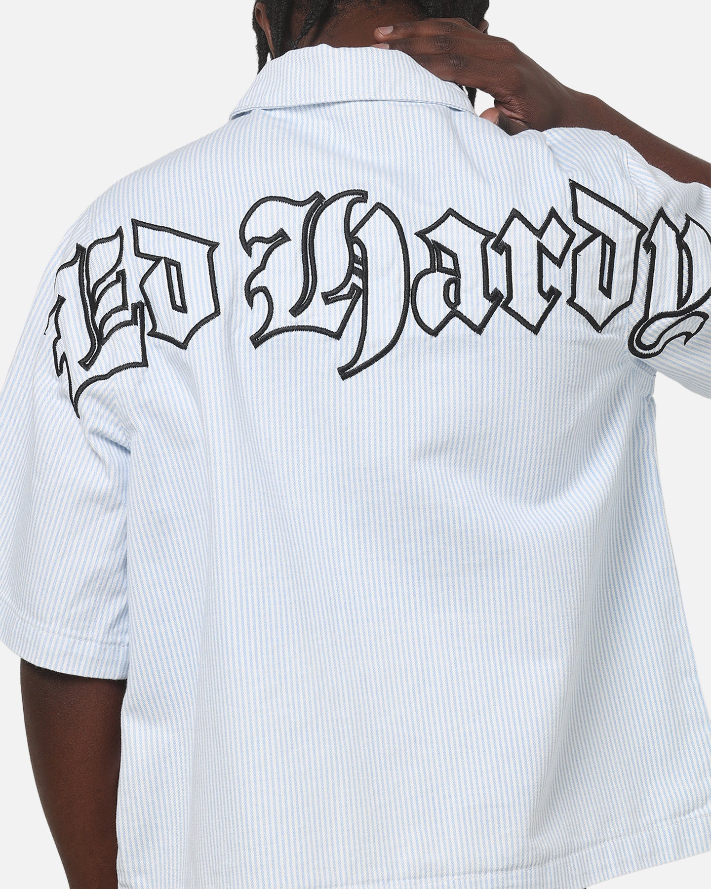 Ed Hardy Ghost Tattoo Button Up Shirt Blue Pinstripe