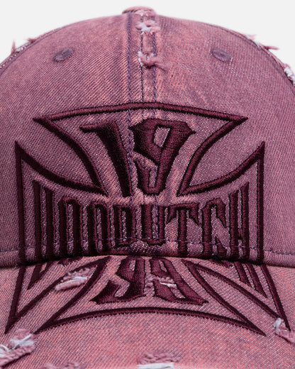 Von Dutch Cross Distressed Strapback Cap Burgundy