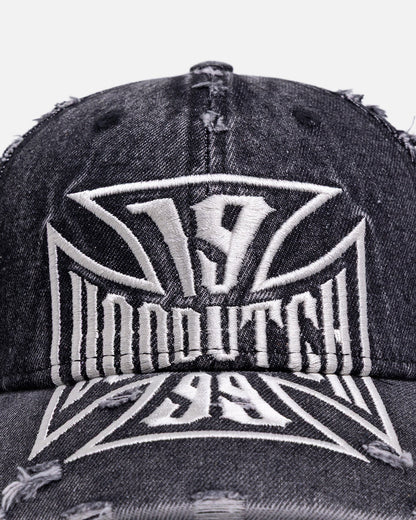 Von Dutch Cross Distressed Strapback Cap Washed Black