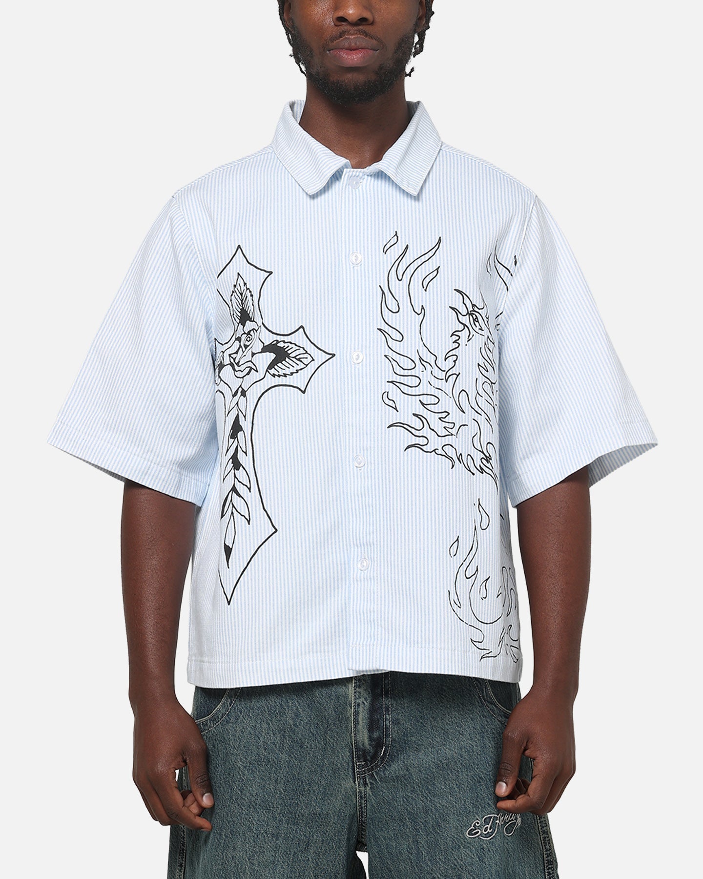 Ed Hardy Ghost Tattoo Button Up Shirt Blue Pinstripe