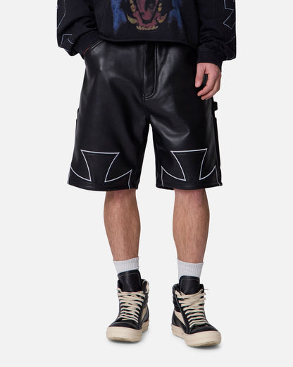 MNML Ultra Baggy Iron Cross Leather Shorts Black