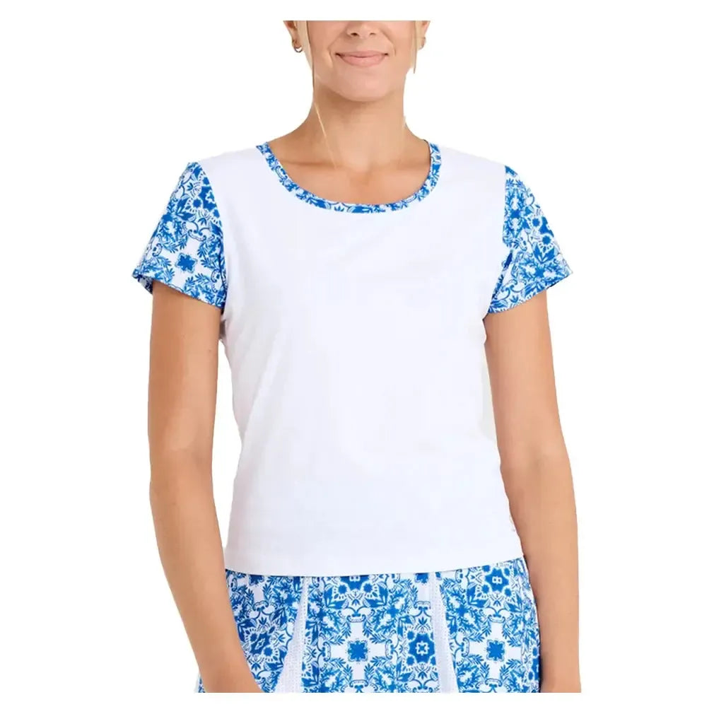 Women's Short Sleeve Tennis Top White and Sandra Tiles-Apparel-Sofibella-2389MSA-WHTU25-Tennis Express