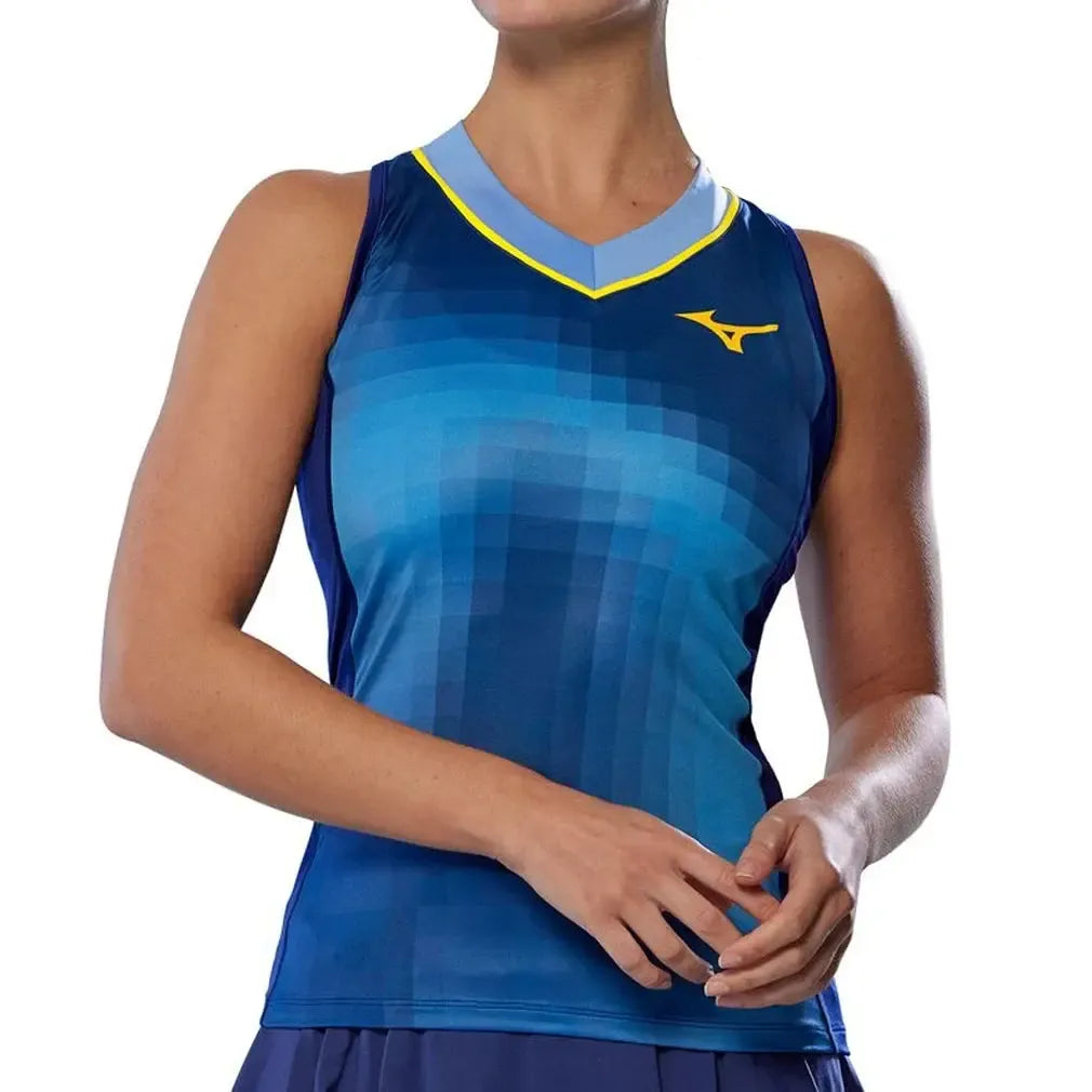 Women's Printed Tennis Tank Bellwether Blue-Apparel-Mizuno-650021-BWBWU25-Tennis Express