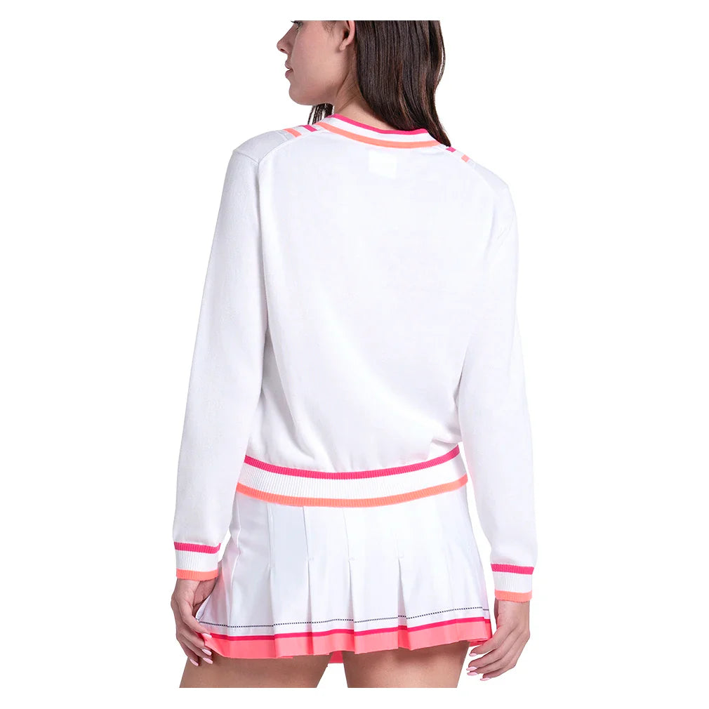 Women's Victory V-Neck Tennis Sweater White and Shocking Pink