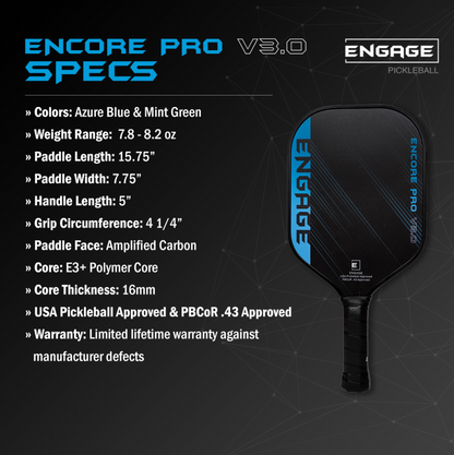 Engage Pickleball Encore Pro V3.0 Pickleball Paddle | True Carbon Skin