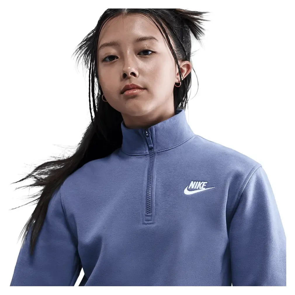 Girls' Sportswear Club Fleece 1/2-Zip Long-Sleeve Top World Indigo and White