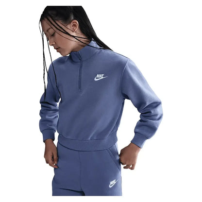 Girls' Sportswear Club Fleece 1/2-Zip Long-Sleeve Top World Indigo and White