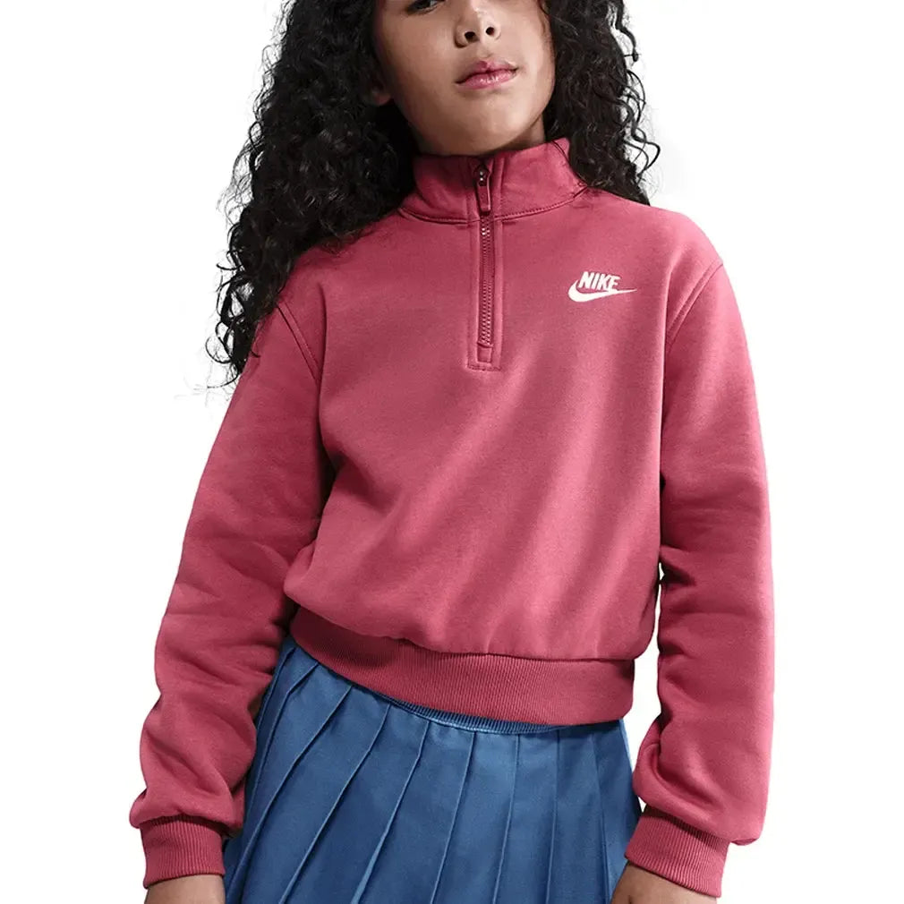 Girls' Sportswear Club Fleece 1/2-Zip Long-Sleeve Top Sweet Beet and White-Apparel-Nike-FD2930-634_1-Tennis Express