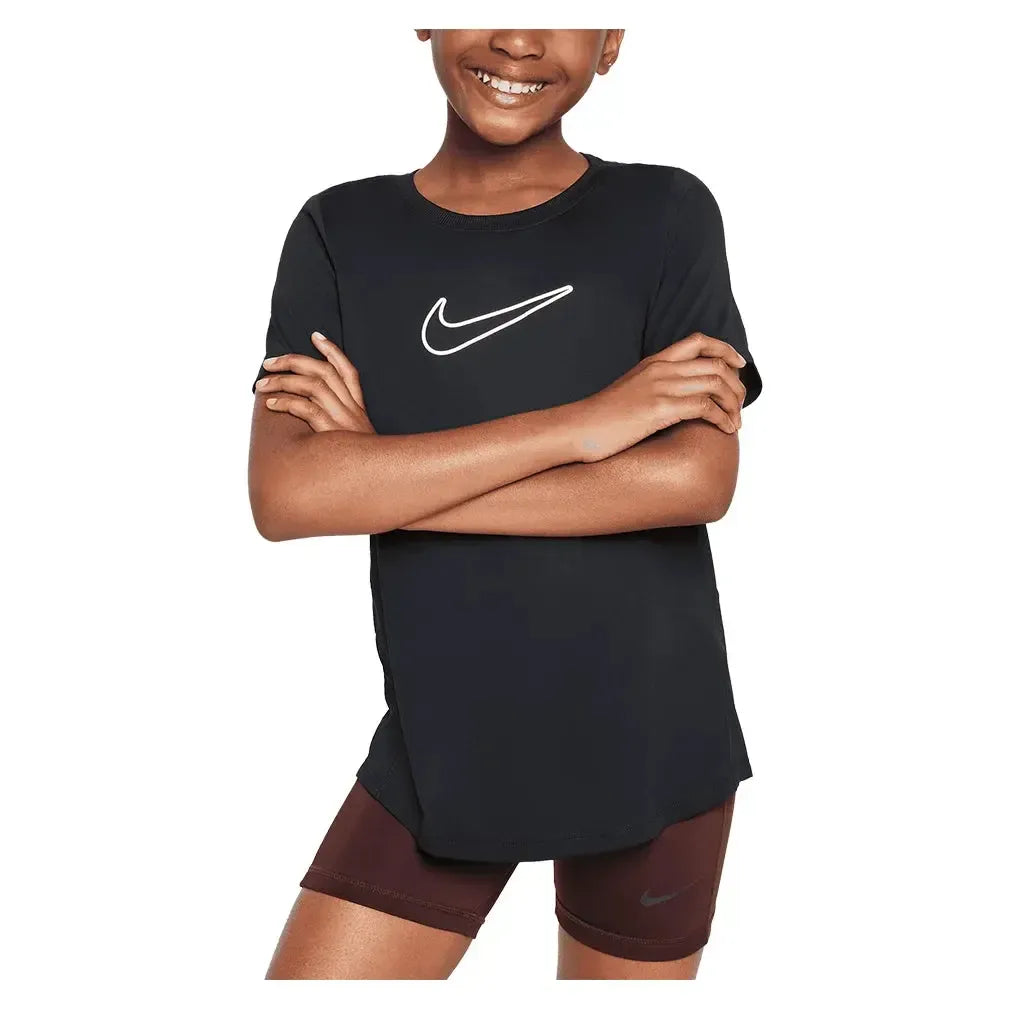 Girls' Dri-FIT One Short Sleeve Training Top Black and White-Apparel-Nike-FZ5600-010BU25-3-Tennis Express