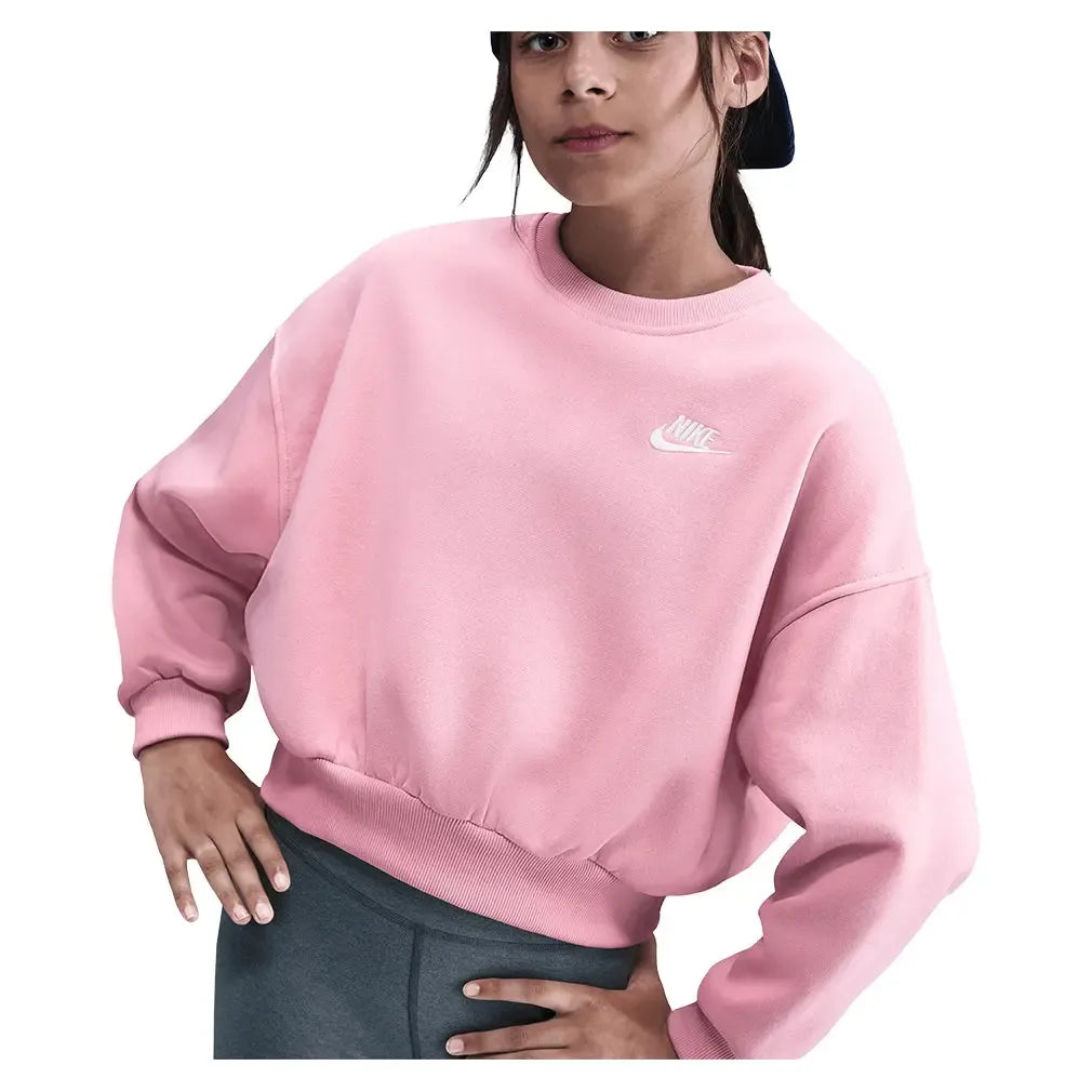 Girls' Sportswear Club Fleece Boxy Crew-Neck Sweatshirt Med Soft Pink-Apparel-Nike-FZ9244-690H25-Tennis Express
