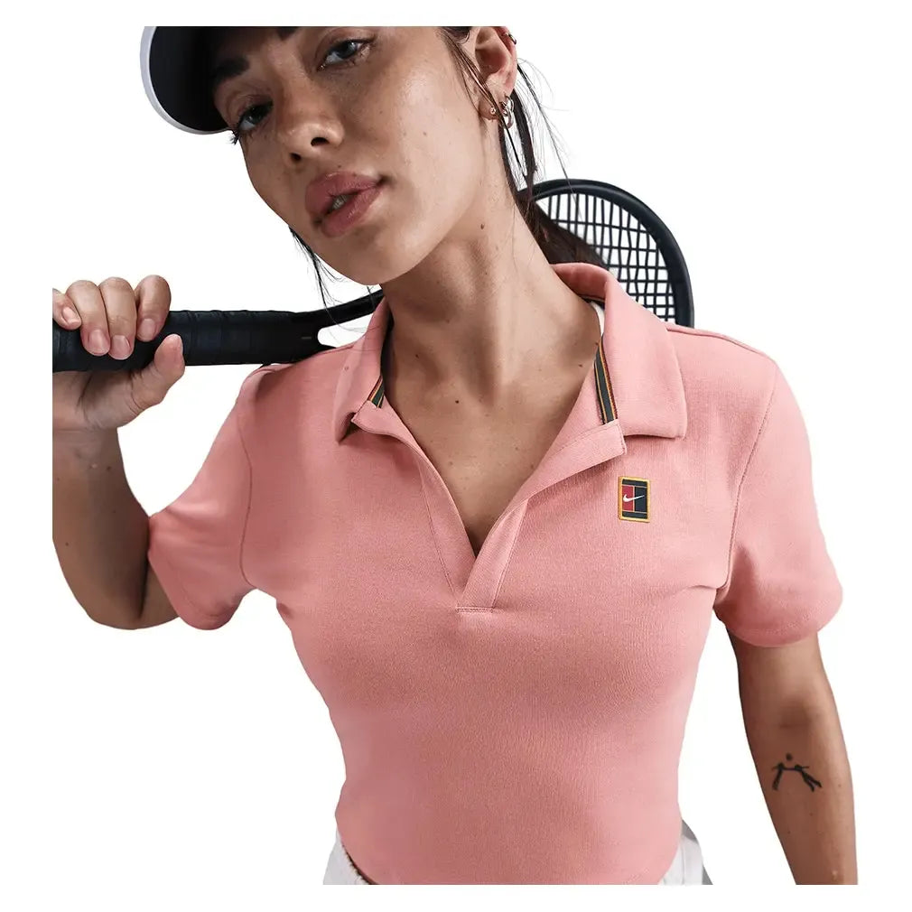 Women's Court Heritage Short-Sleeve Cropped Tennis Polo Red Stardust-Apparel-Nike-HJ8992-618H25-3-Tennis Express