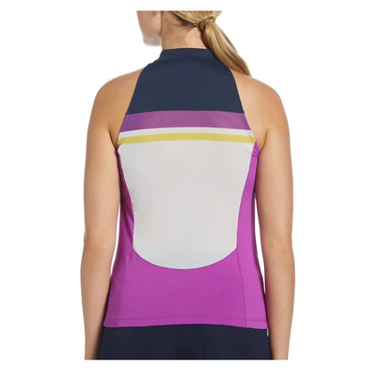 Womens Color Block Zip Halter Tennis Tank Purple Cactus Flower