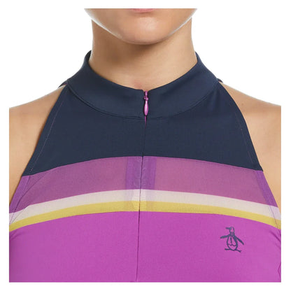 Womens Color Block Zip Halter Tennis Tank Purple Cactus Flower