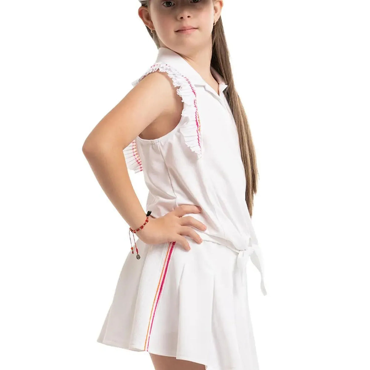 Girl's Classic Stripes Tie Tennis Polo White-Apparel-Lucky In Love-T287-X49110U24-1-Tennis Express