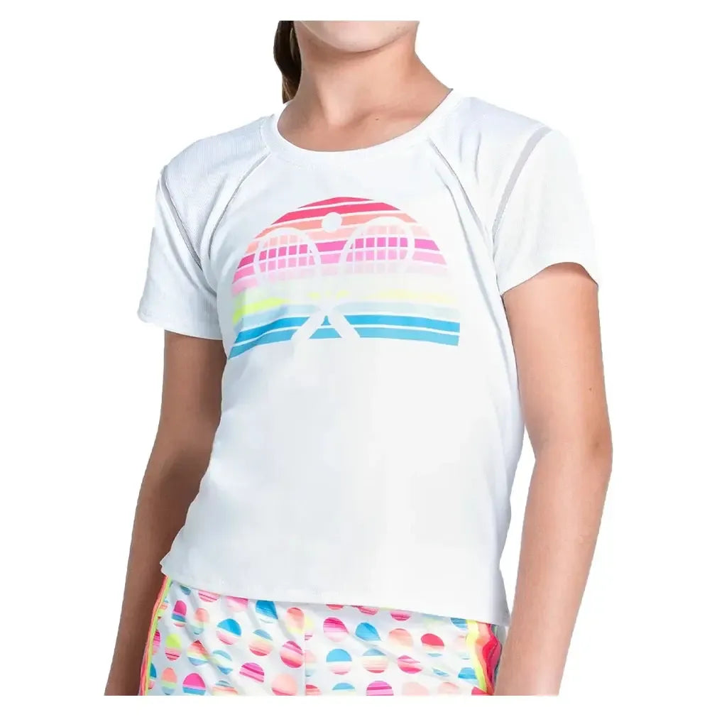 Girls' Retro Sunset Short Sleeve Tennis Top White-Apparel-Lucky In Love-T305-24A110S25-Tennis Express