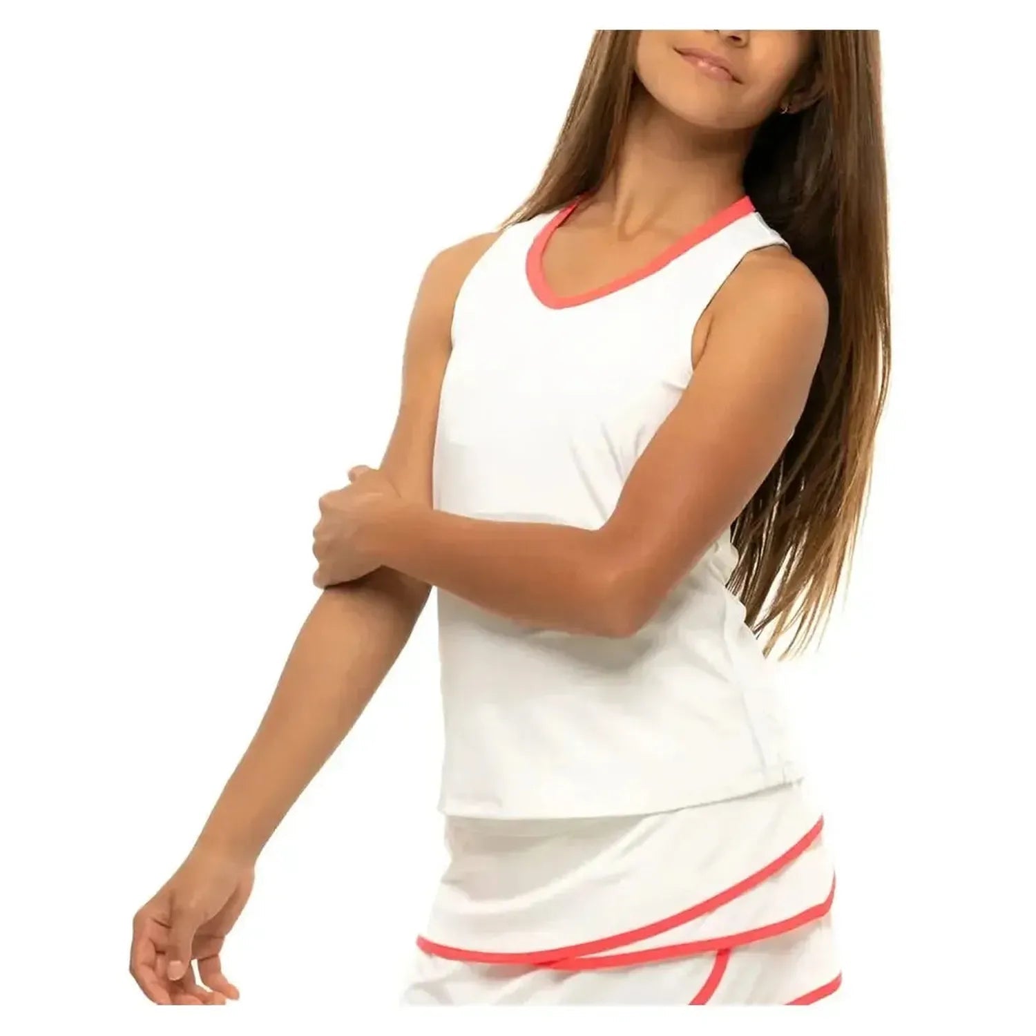 Girls' V - Neck Cutout Tennis Tank White and Coral CrushTienda Tennis